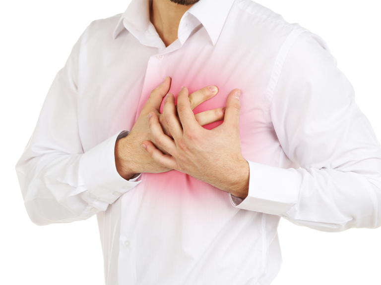 Man in a white shirt clutching his chest with a pink glow around the heart area, indicating chest pain or a heart issue.