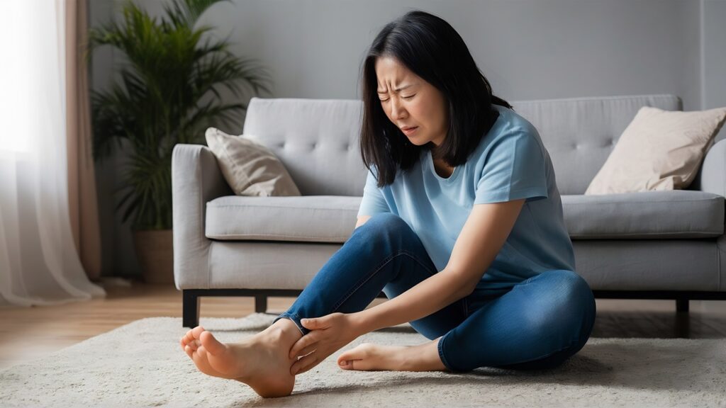 Woman sitting on a living room rug, grimacing in pain while holding her foot.