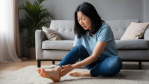 Woman sitting on a living room rug, grimacing in pain while holding her foot.